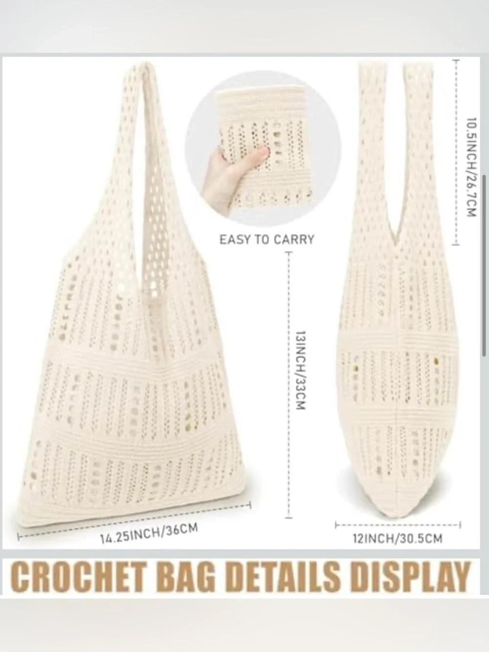 NEW Crocheted Beach Tote Tan Reusable Shopping Bag, Hobo Festival Bag